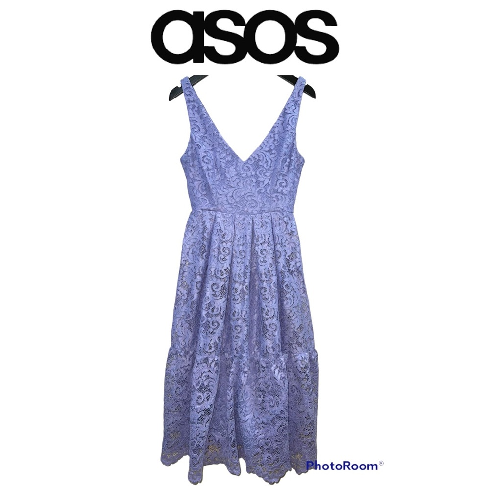 ASOS sleeveless lace midi dress, size 4, lavender, EUC